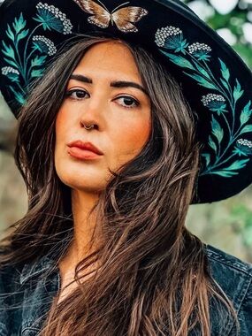 Luna Bloom Black Hat with Teal Floral Accents and Butterfly (double sided)